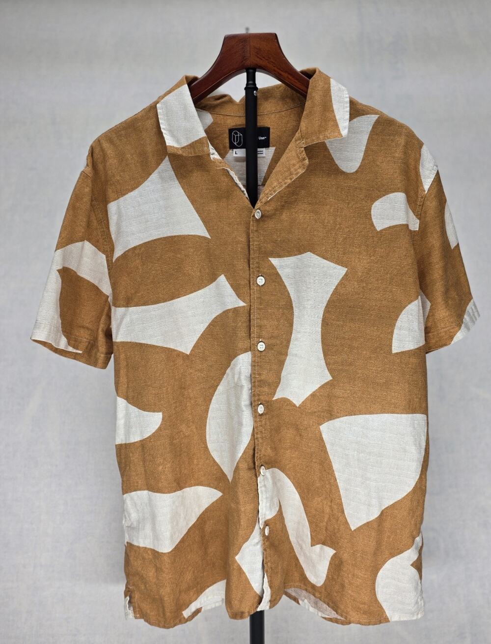 Original Use Men's Large Linen Cotton Resort Camp Shirt, Brown Cream